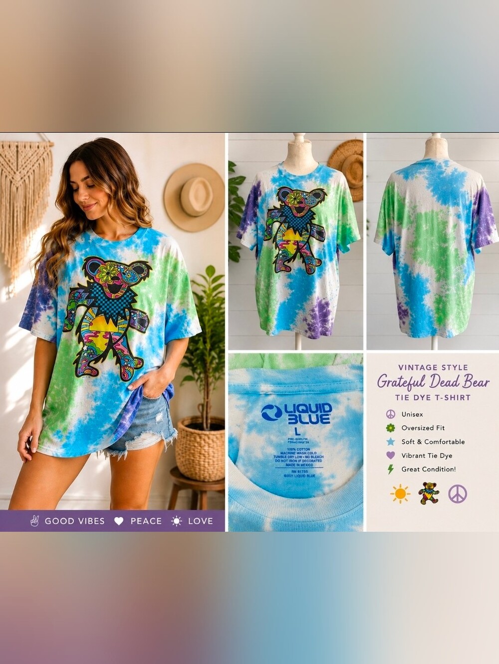 Liquid Blue Grateful Dead Inspired Tie Dye Bear Tee | Unisex Large, Vintage Fade